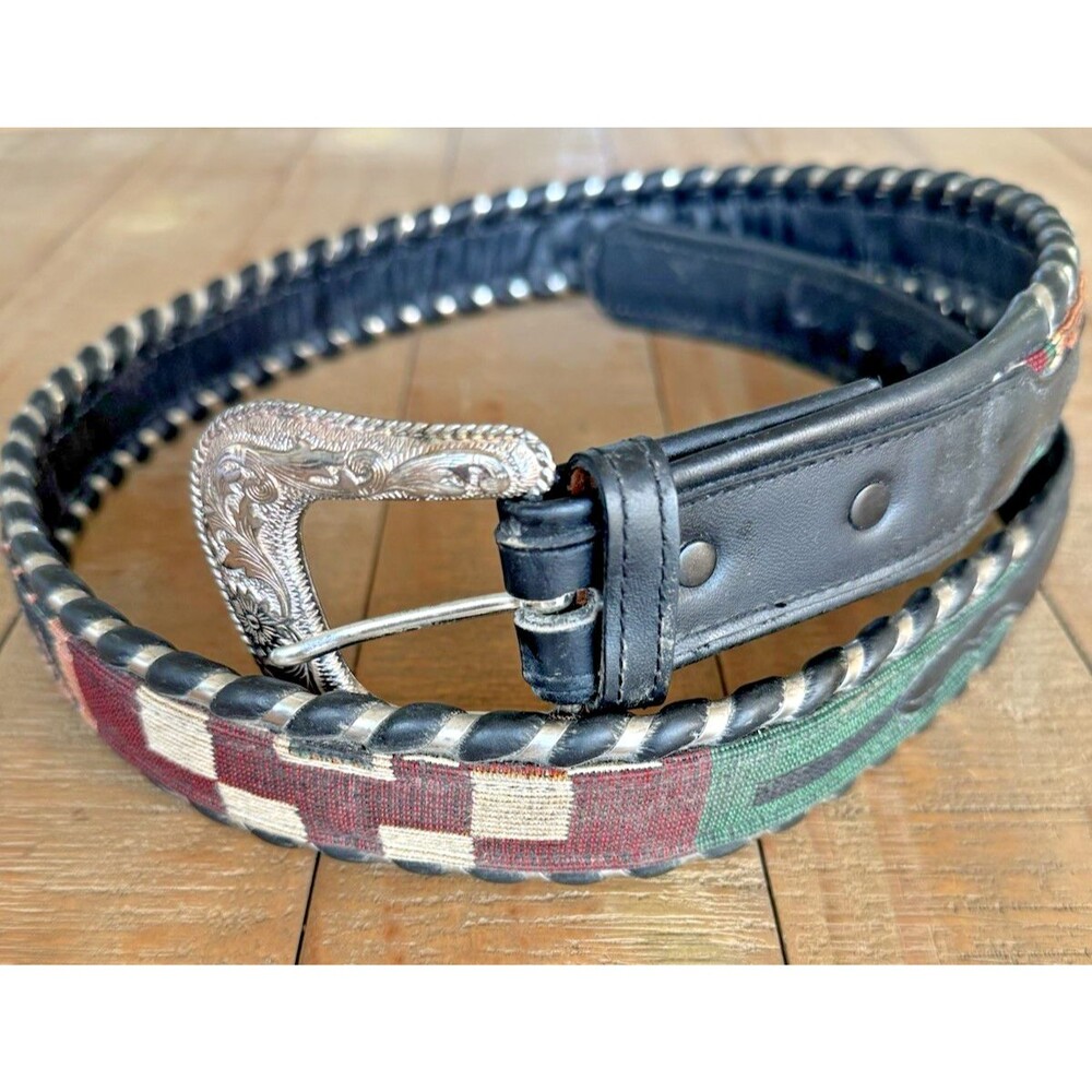 Nocona Western Black Leather Southwestern Belt Size 42 Silver Engraved Buckle